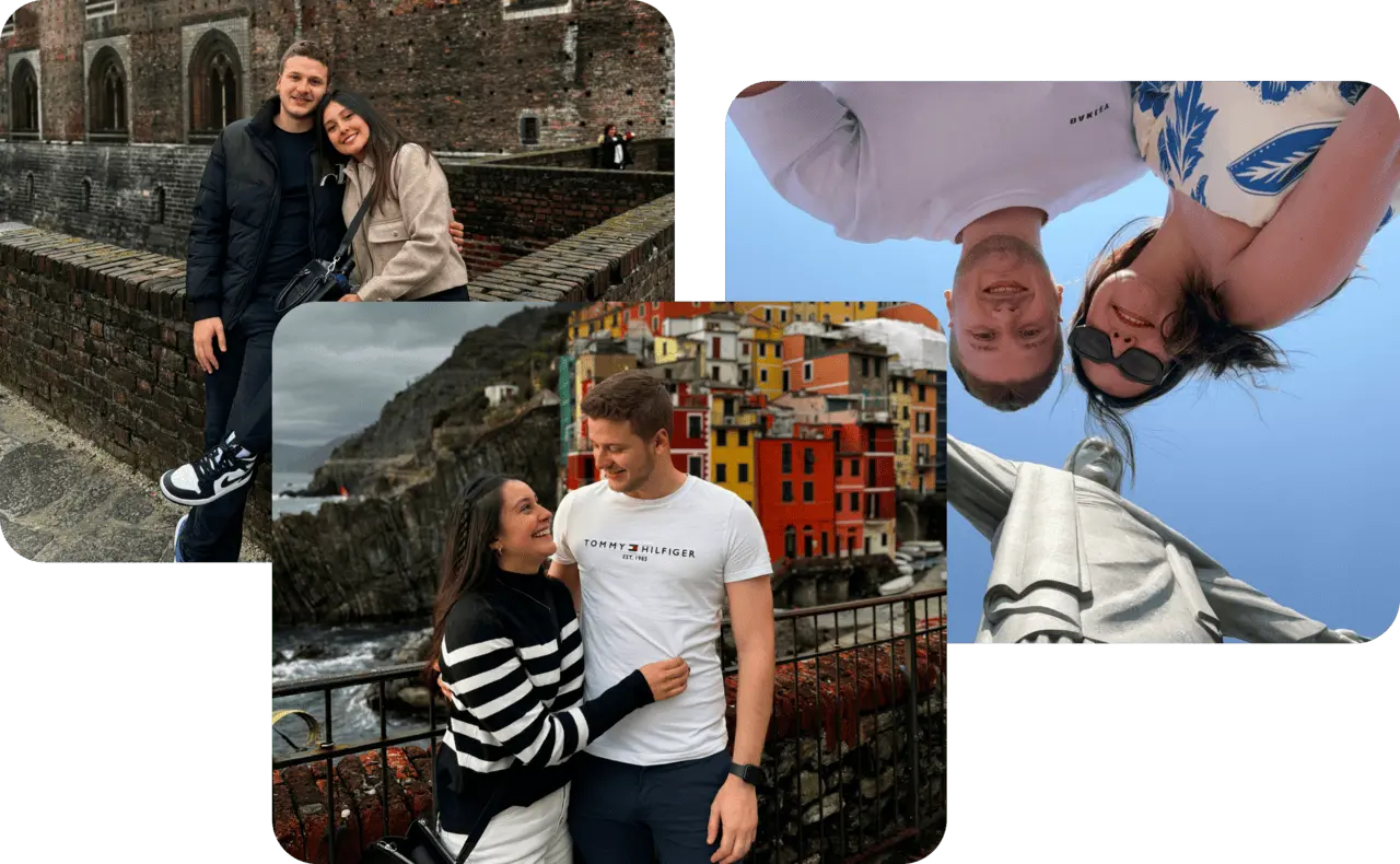 Photo collage of Adali and Vinicius in Italy and Brazil, smiling in historic and sunny environments.