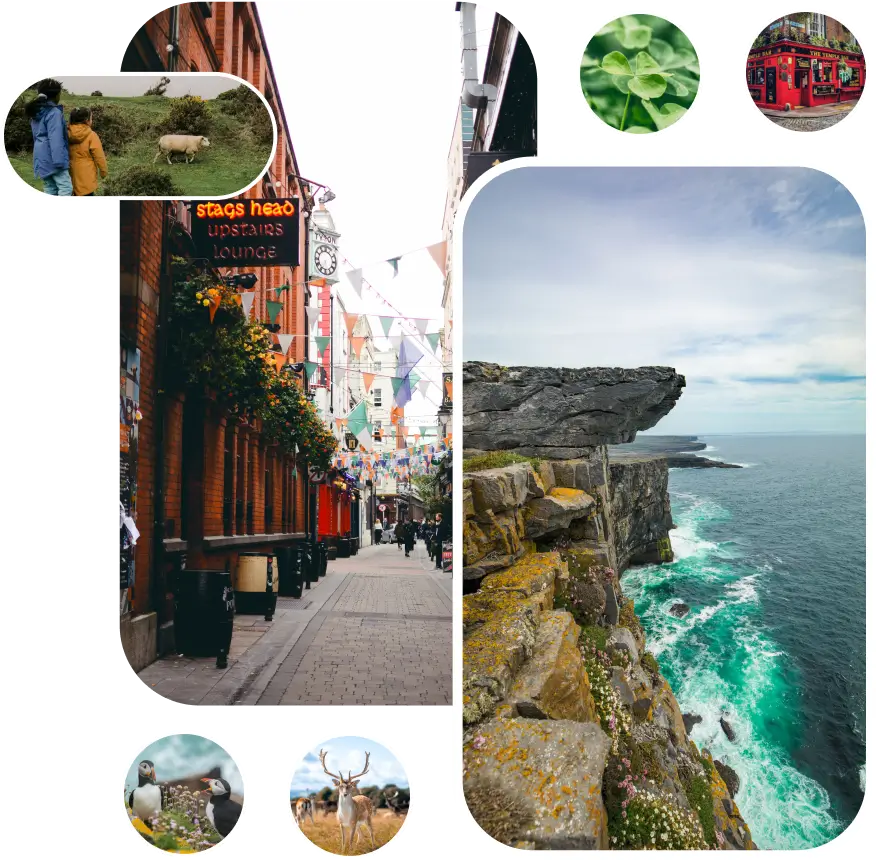 Photos of Ireland, the first, 2 children and a lamb in the Irish countryside, the second, a view of a street with pub signs in Dublin, and the third, a view of one of the many cliffs of Ireland